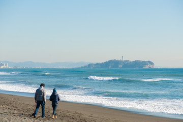 winter beach walk by enoshima Japan