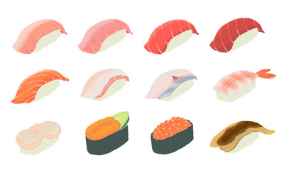 Naklejka premium いろんなお寿司の素材イラスト 特上握り シームレス