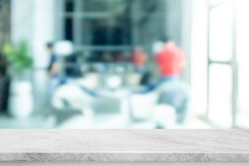 Empty white marble stone table top and blur glass window interior restaurant banner mock up abstract background - can used for display or montage your products.