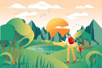 Father and Son, Boy and his Dad Together at Family Summer Walk on colorful Forest and Mountains Landscape Background. Family Travel and Happy Parenthood Concept. Flat Vector Illustration.