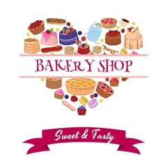 Bakery Shop Advertisement with Cartoon Dessert Composition in Heart Shape and Lettering Sweet and Tasty Tape. Advertising Print Poster for Family Coffee Store or Cafeteria. Vector Flat Illustration