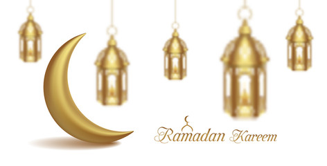 Set Arabic Golden Lamps with Light with Crescent for Ramadan Kareem