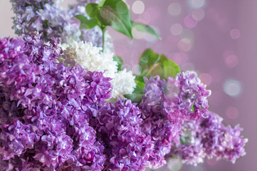 Fototapeta na wymiar Beautiful purple lilac flower arrangement with bokeh on the background