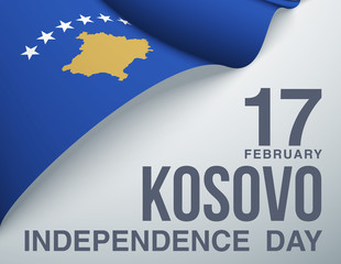 illustration festive banner Happy independence day with state flag of The Republic of Kosovo. Card with flag and coat of arms Republic of Kosovo 2020. picture banner February 17 of foundation day