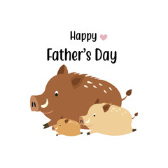 Happy father's day card.Cute boar dad and his baby.