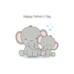 Father's Day card with funny cartoon characters Dad Elephant and his baby