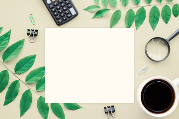 business flat lay with blank paper ,green leaves and coffee cup on gray background