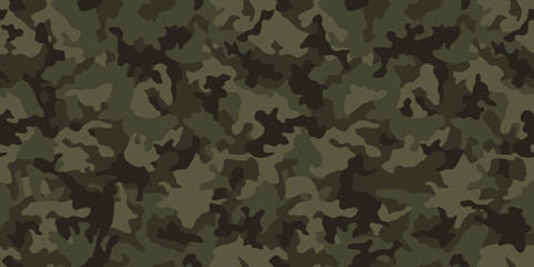 Camouflage pattern background, seamless vector illustration. Classic military clothing style. Masking camo repeat print. Dark green khaki texture.  - obrazy, fototapety, plakaty