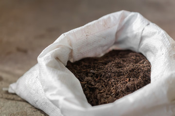 Fertilizer compost in bag, Selective focus.