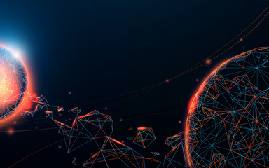 Space scene with planets, meteorite and galaxies form lines, triangles and particle style design © pickup