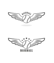 Fototapeta premium Set of black and white illustrations on the theme of baseball. Vector illustration of a baseball ball with wings and text with stars on a white background.