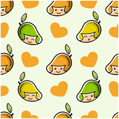 Mango. Healthy Food concept. Emoji Emoticon. Characters for kids coloring book, t-shirt, icon, logo, label, sticker. Vector seamless pattern for textile, print, fabric,backdrop,wallpaper, background.