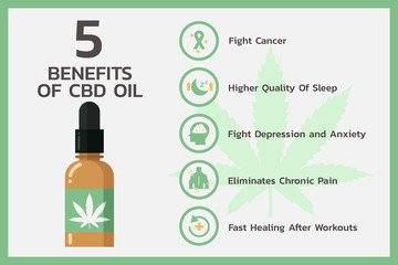 five benefits of CBD hemp oil for health, cannabis or Cannabidiol infographic information concept. flat vector symbol icon illustration design