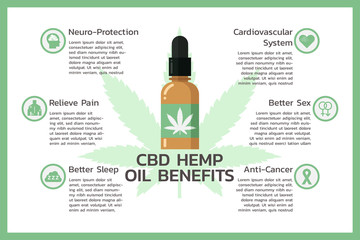 benefits of CBD hemp for health, cannabis or Cannabidiol infographic information concept. flat vector symbol icon illustration design