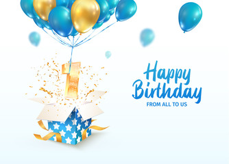 Celebrating of 1 st year birthday vector 3d illustration. First anniversary celebration. Open gift box with explosions confetti and number one flying on balloons on light background