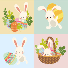 Set of cute kawaii cartoon flat vector easter white bunny, rabbit with decorative eggs, basket and spring flowers