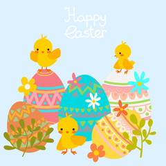 Cute kawaii cartoon flat vector easter yellow chicken with ornamental decorative eggs and spring flowers and lettering happy easter