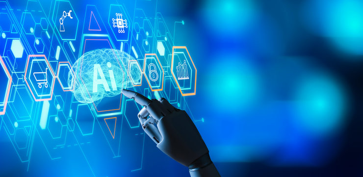 AI (Artificial Intelligence),machine learning,machine deep learning, data mining and neural network concept.Robot finger point to Artificial intelligence brain with bokeh background.