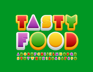 Vector colorful logo Tasty Food. Bright Alphabet Letters and Numbers. Creative Kids Font