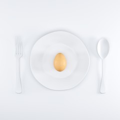 Raw Egg on White color dish with spoon and fork on top view. Easter Egg Minimal idea concept. 3D Render