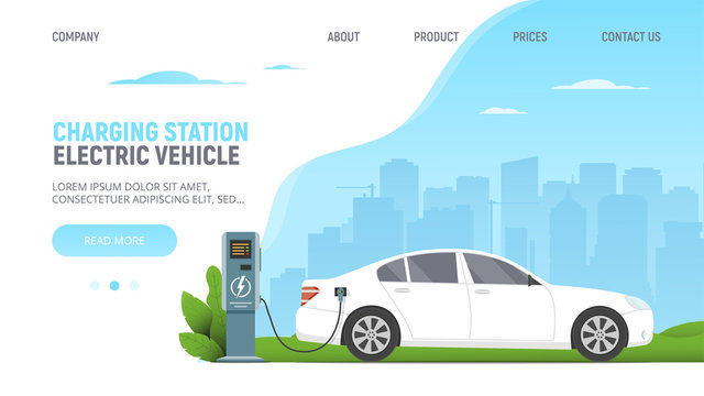 Electric car on parking charging station on cityscape background. Green power. Eco. Modern technology and environment care concept. Web page template with white electric car. Vector illustration.