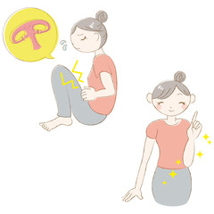 女性　生理痛　腹痛　悩み　改善　笑顔　指差す　セット
