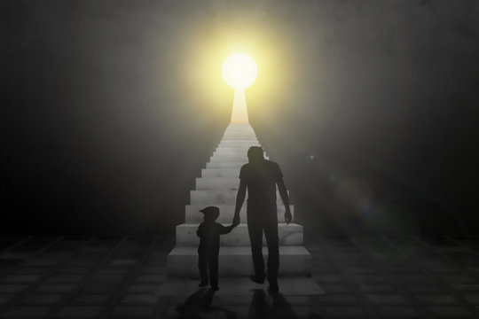 Silhouette of father and son holding hands. Community key support and helping children concept with of a group of extended adult people offering help or therapy to a child in need. education symbol.