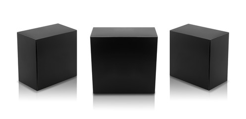 Set of Black box product packaging in side view and front view isolated on white background with clipping path.