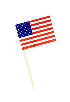 Mini paper flag USA. American flag pointer isolated on white background
