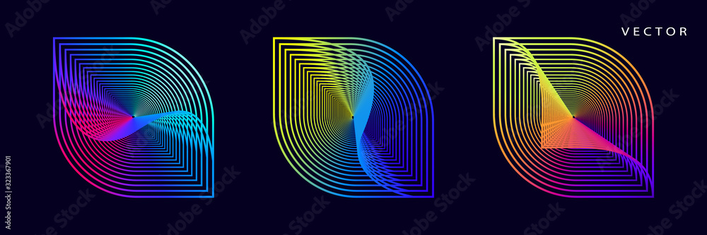 Wall mural set of colorful leaf shaped graphic elements on dark background. abstract optical illusion vector sy