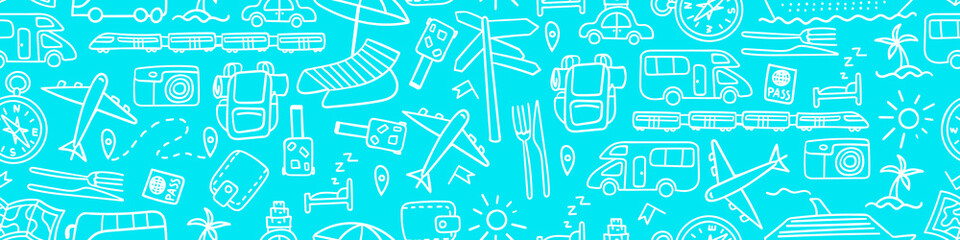 Horizontal seamless pattern with hand drawn travel doodles. Vacation background. Vector illustration.
