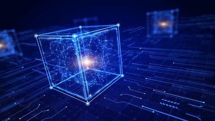 Block chain concept - Block cube and network connections . 3d rendering