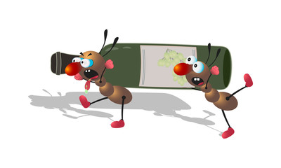 Fototapeta premium Cartoon ants drag a bottle of wine. Vector illustration.
