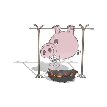 Cartoon Pig Fries At The Stake. Vector Illustration On A White Background.