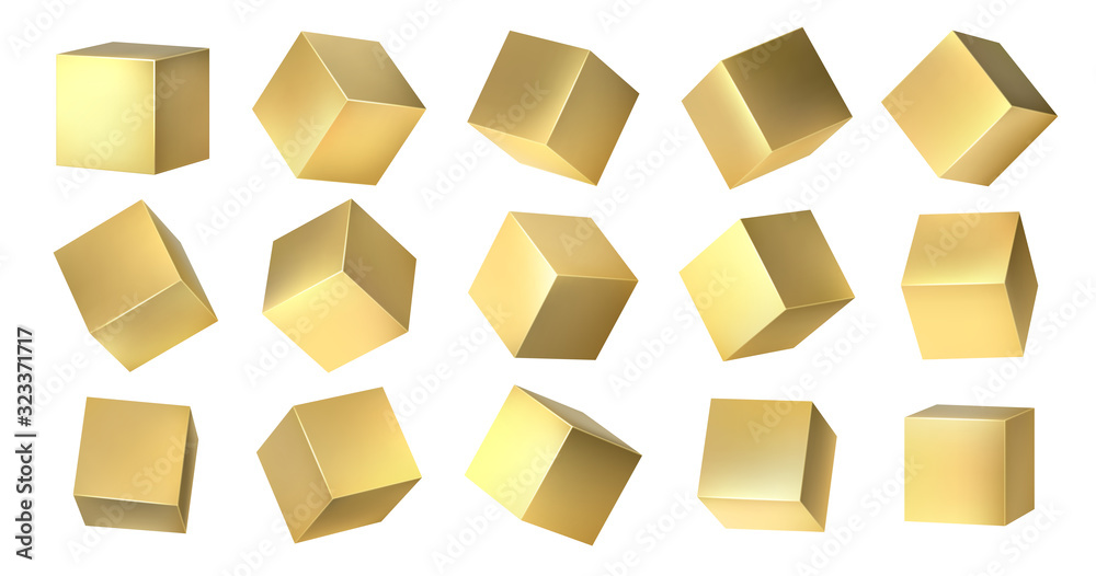 Aufkleber golden cubes. realistic 3d blocks of yellow metal from different isometric angles, golden square sha