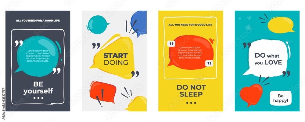 Poster Quote frames. Colored posters with frames and motivation text, dialog and opinion speech bubbles. Vector citation creative graphic banners