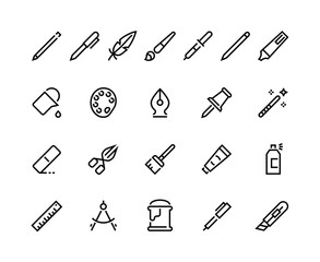 Drawing tools line icons. Minimal pencil pen brush bucket pallet stroke pictograms, writing and art web interface symbols. Vector set flat seal pictogram