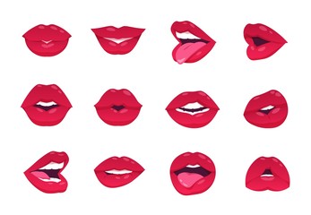 Female lips. Cartoon sexy woman smile, open closed and smiley mouth, red lips isolated on white. Vector lips kiss gesture and makeup, smiling image lip girl