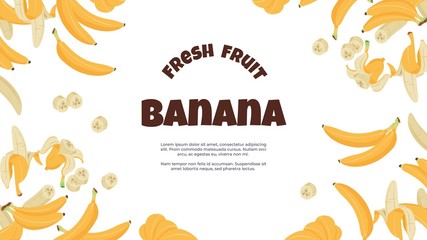 Banana banner. Yellow cartoon tropical fruit peeled and single on flat flyer promoting healthy vegan nutrition. Vector illustration poster with fresh bananas