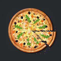 Realistic pizza pieces. Fresh pizza part with stretching cheese ready to eat, traditional Italian food with mozzarella and tomatoes. Vector illustration 3D top view round european snacks with cheese
