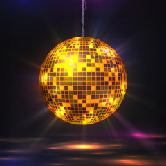 Disco ball. 80s party light element, retro futuristic glitter sphere for music and dance night party. Vector illustration mirror texture ball with light bokeh effects - obrazy, fototapety, plakaty