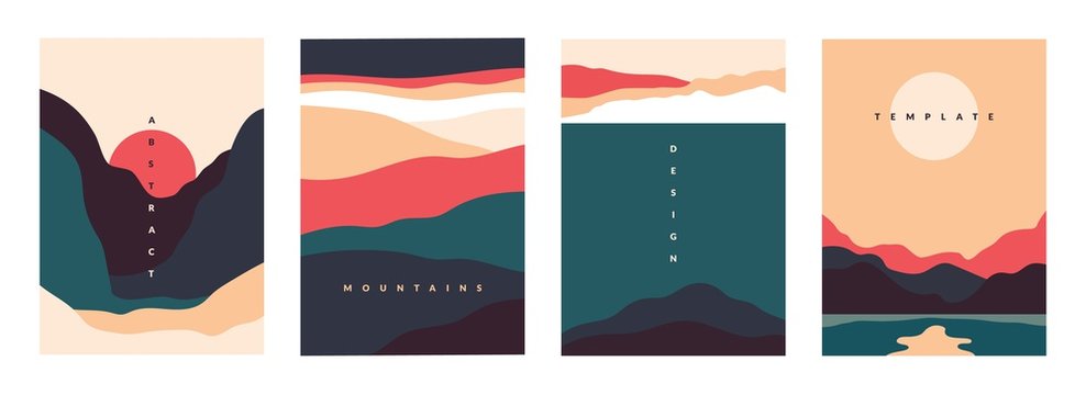 Landscape minimal poster. Abstract geometric banners with mountains lakes and waves. Vector illustration postcard travel and adventure flyers with curve nature shapes
