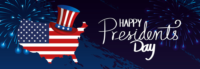 happy presidents day with map usa and top hat vector illustration design