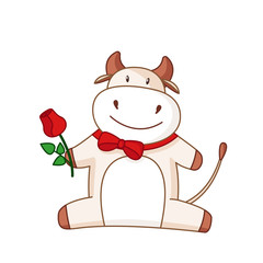 White cartoon ox, bull or cow kawaii character with red rose flower and tie bow, isolated on white for calendar, poster, greeting card, 2021 symbol, cute farm animal - vector illustration