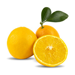 Fresh two orange fruits with orange slices and leaves isolated on white background. with clipping paths.