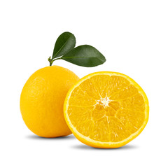 Fresh orange fruits with orange slices and leaves isolated on white background. with clipping paths.
