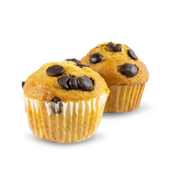 Two chocolate chip muffins on isolated white background. with clipping paths.