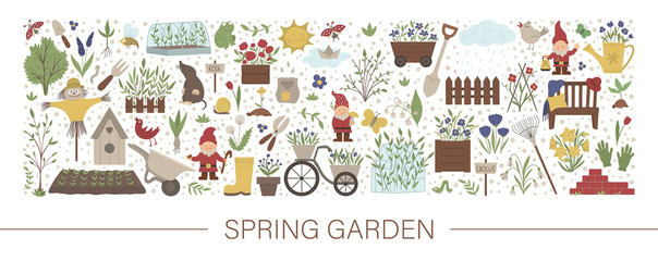Vector horizontal layout set with garden tools, flowers, herbs, plants, insects. Gardening equipment banner, party invitation or background. Cute funny spring card template..