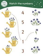 Matching game with watering cans and flowers. Garden math activity for preschool children. Spring counting worksheet. Educational riddle with cute funny elements..