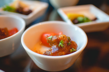 Close up of tiny welcome colorful cocktail set for guest.